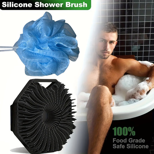 2pcs Combination Package - Antibacterial Silicone Body Scrub And Bathroom Mesh Bag Foam Ball Set, Exfoliating Body Scrub, Suitable for Sensitive Light Beige, Bath Scrub, Suitable for Body Silicone Bath Brush